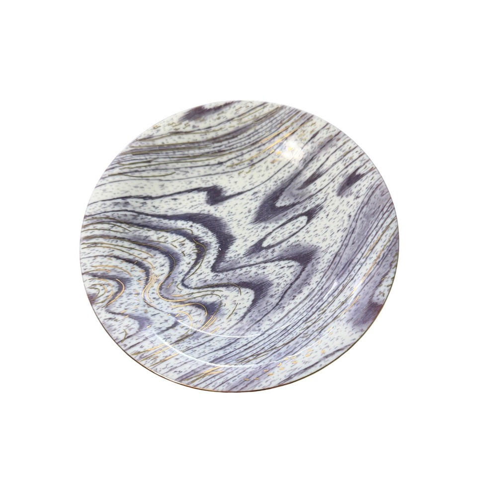 Anthropologie Appetizer Plate  6.5" Purple Marbled Wood Grain Gold Rim set of 2